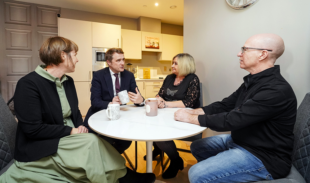 Minister for Housing, Local Government and Heritage, James Browne TD today officially opened a major new housing development in Dublin 15, delivered in partnership between Fingal County Council, the Department of Housing, the Housing Finance Agency and Fold Housing. Minister Browne was joined by (l-r) CEO of Fold Housing, Kath Cottier and residents Colette and Richard Piercy.